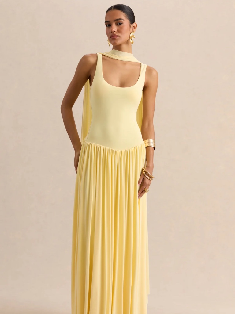 Lemon Square-Neck Maxi Dress With Scarf-Detail